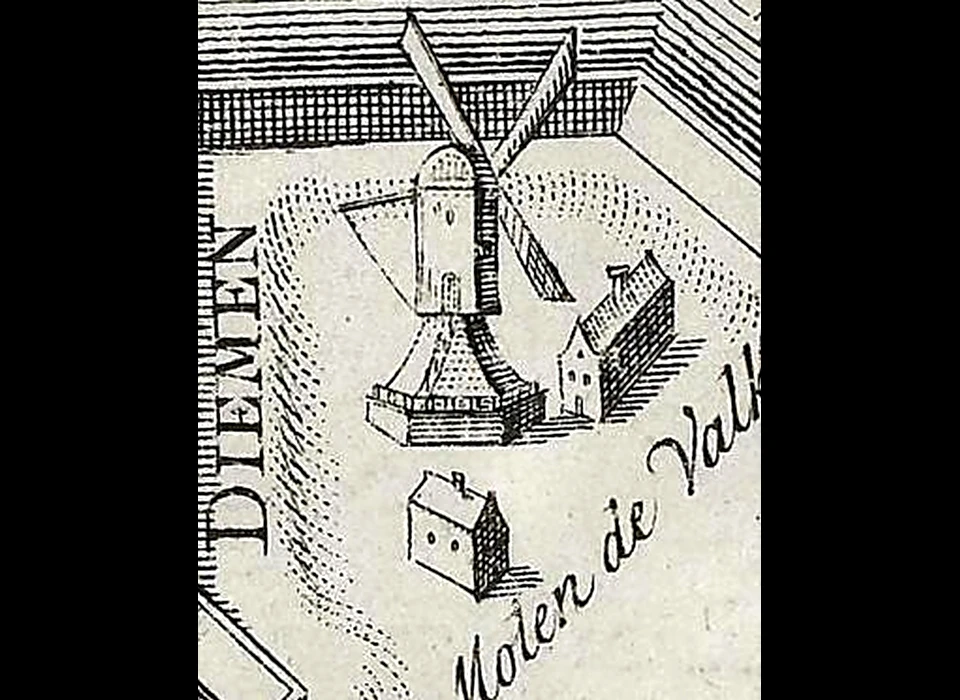 Molen De Valk op bolwerk Diemen, kaartdetail (N.van Frankendaal, ca.1730)