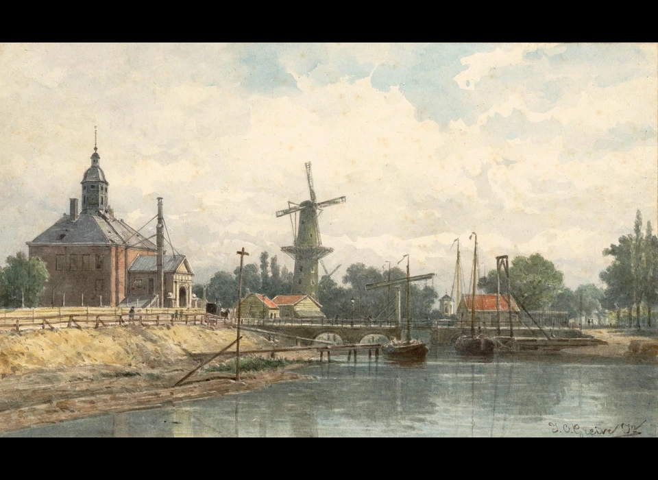 Singelgracht naar Utrechtsepoort en de Steenen molen op het bolwerk Westerblokhuis (Johan Conrad Greive jr, 1859)