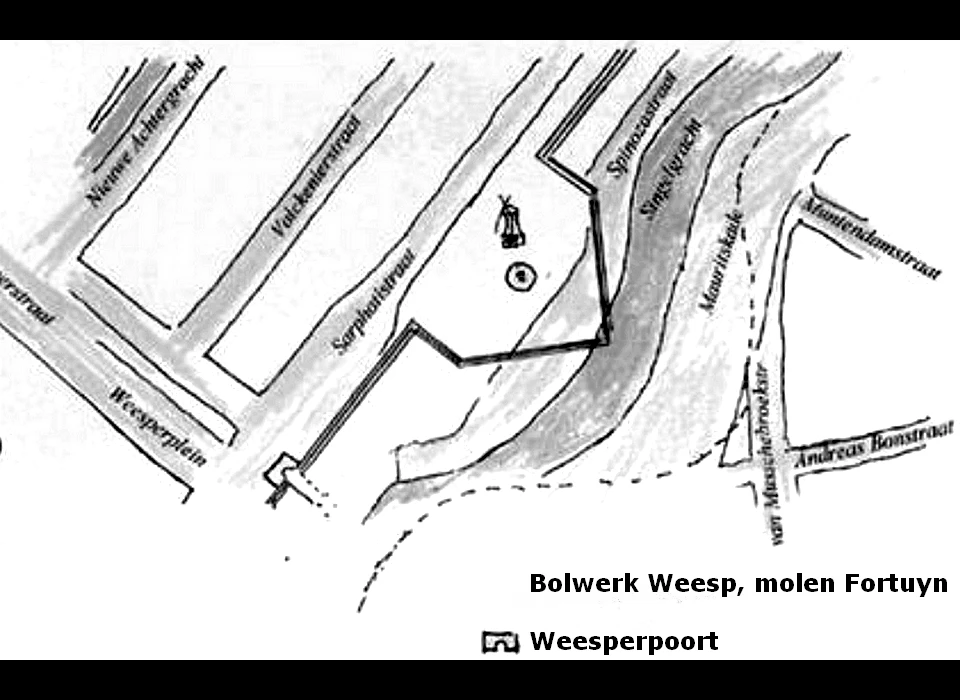 Bolwerk Weesp getekend op de kaart met huidige straten