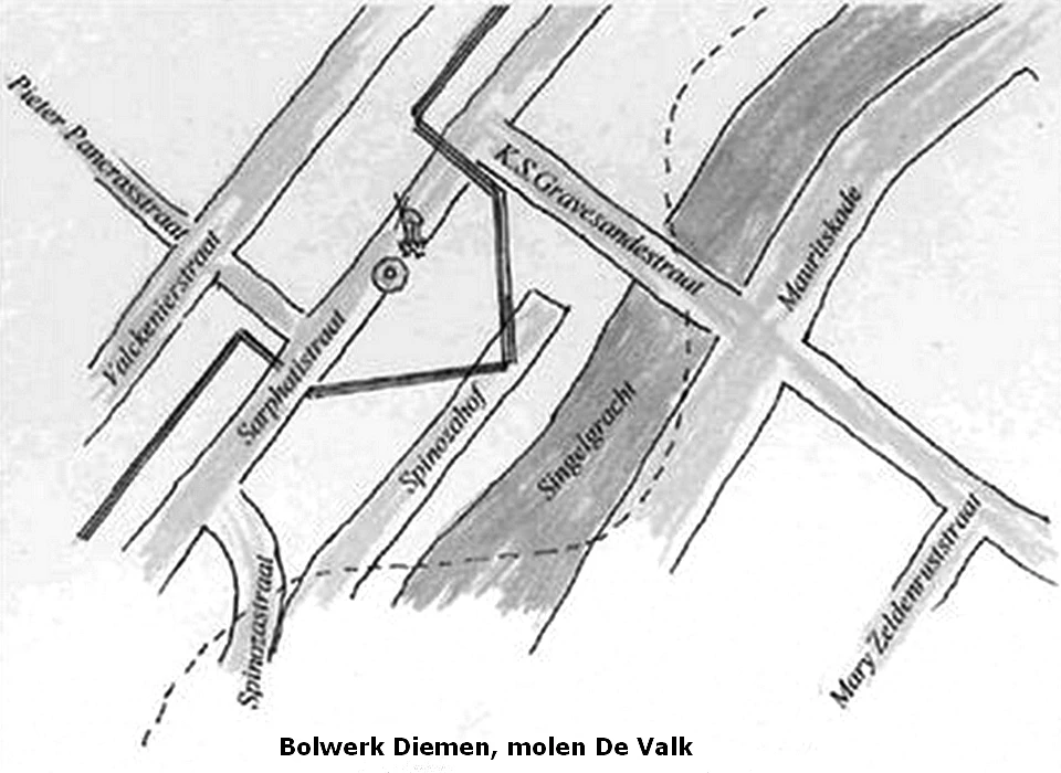 Bolwerk Diemen op huidige stratenplan