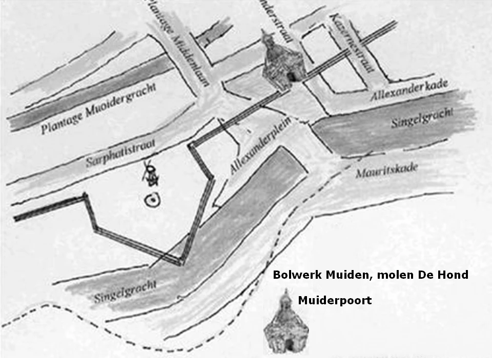 Bolwerk Muiden op het huidige stratenplan