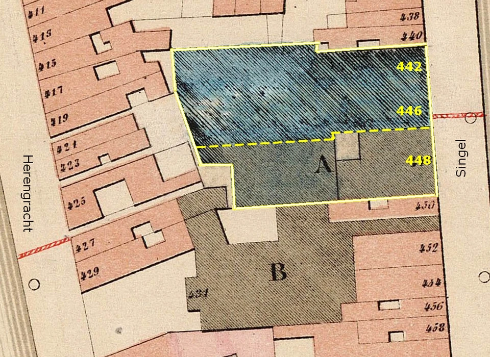 Singel 442-448 detail buurtatlas A.Loman witte kader kerk de Krijtberg, blauw gearceerde is de nieuwe Krijtbergkerk (1875)