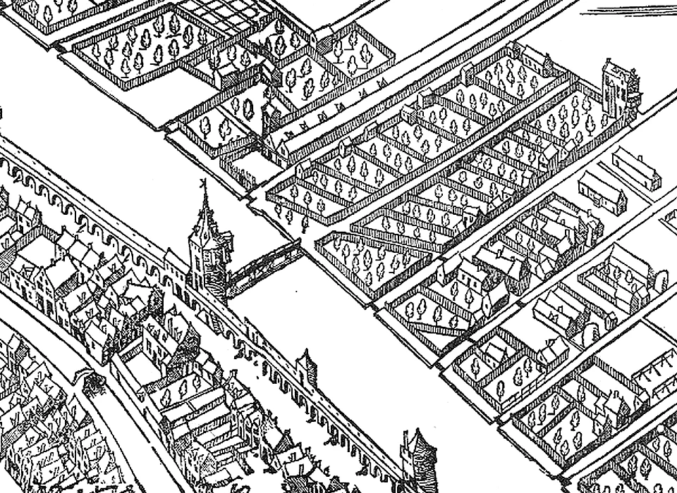 Op de plattgerond van Cornelis Anthonisz is de Jan Roodenpoort afgebeeld. Rechts van de torenspits de langgerekte gebouwen is de lijnbaan van Jan Roode (1544)