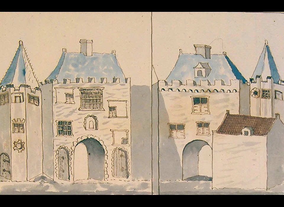 Sint Olofspoort links binnenzijde, rechts buitenzijde met toren situatie ca.1544, Atlas Schoemaker (1720)