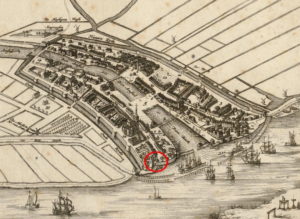 Amsterdam plattegrond naar Christoffel van Hartoghvelt, in de cirkel de Sint Olofspoort (1342)