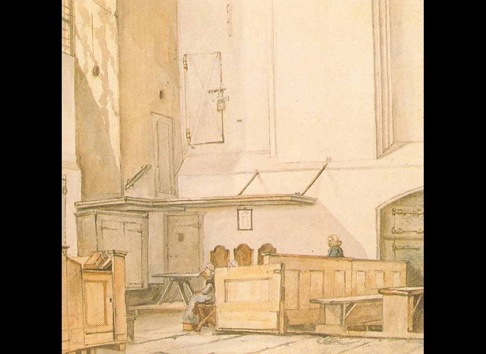 Oude Kerk catechisatiekamer, voorheen Sebastiaankapel, met links boven de toegang tot de IJzeren Kapel. (1818 G.Lamberts)