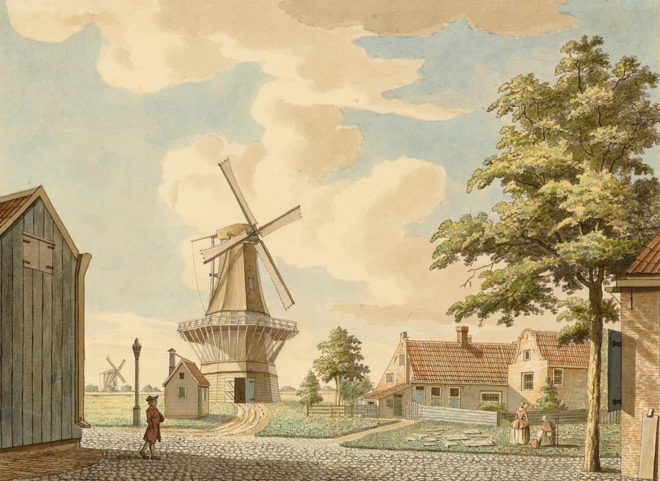 Bolwerk Amstelveen met molen De Spring (voor Spiegelgracht). Rechts en links huisjes op het bolwerk. Op de achtergrond de molen aan de Mennonietensloot (Hendrik Keun, 1770)