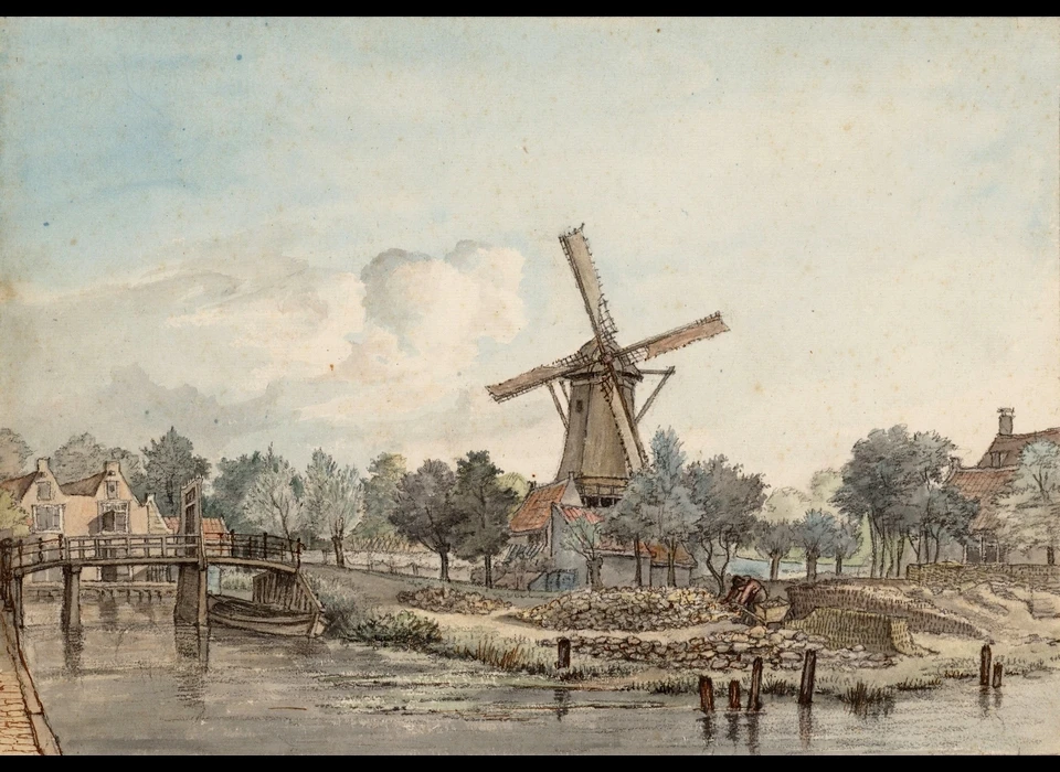 Stadsstratenmakerswerf gezien van de Vijzelgracht naar korenmolen De Wetering op bolwerk Wetering (Gerrit Lamberts, 1816)