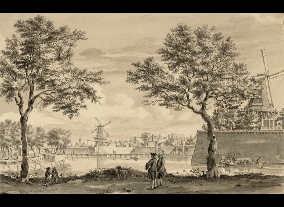 In het midden de Leidsepoort en achter de brug naar de Weteringpoort bolwerk Amstelveen, rechts bolwerk Weteering met molen De Wetering (Jan de Beijer, 1760)