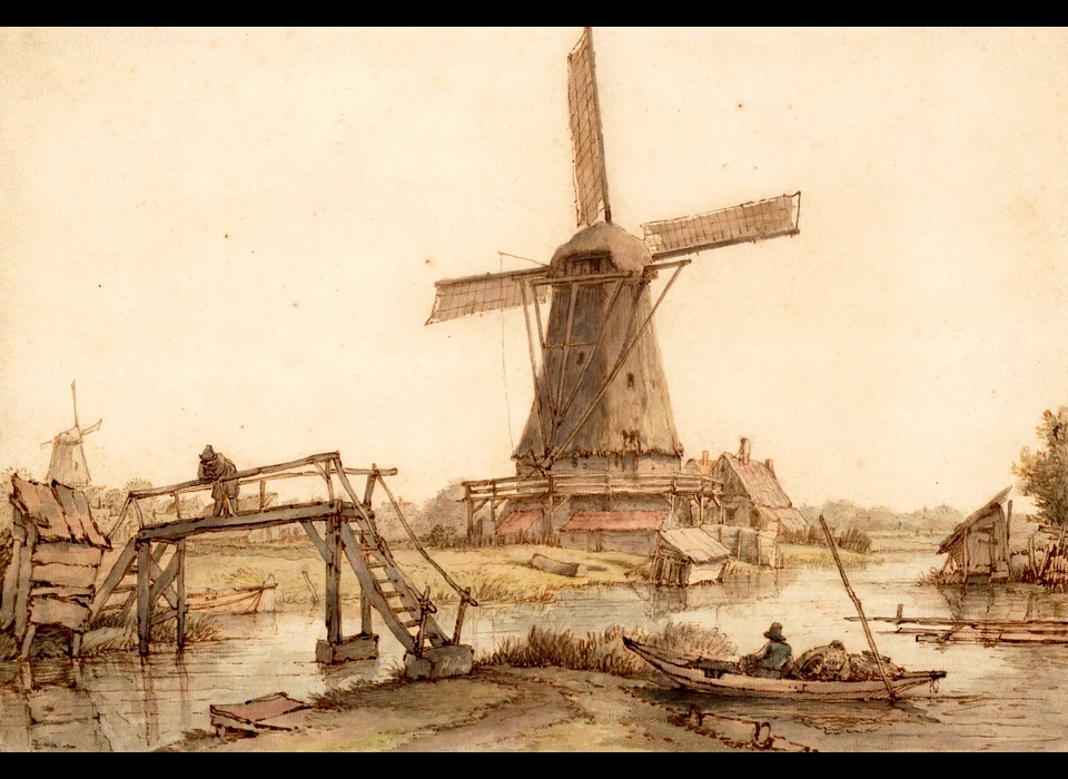 Molen 'de Vink' aan de Mennonietensloot buiten de Weteringpoort. Links molen 'de Spring' op het bolwerk Amstelveen (Jan Huiswit, 1805)