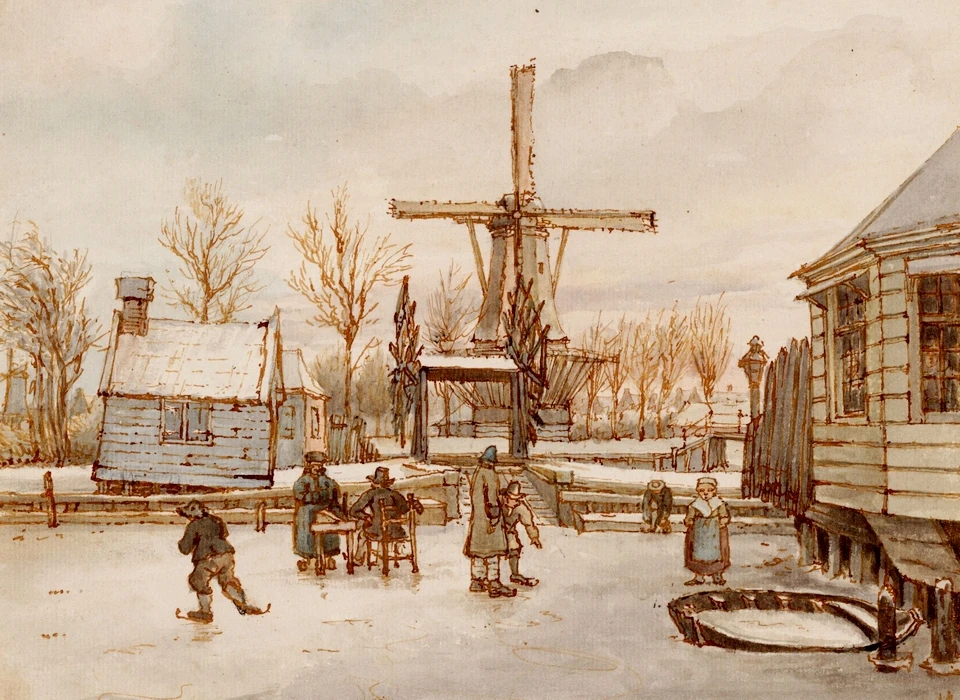 Begin van de Boerenwetering naar de overhaal naar de Mennonietensloot. Midden achter molen De Spring op bolwerk Amstelveen (Gerrit Lamberts, 1815)