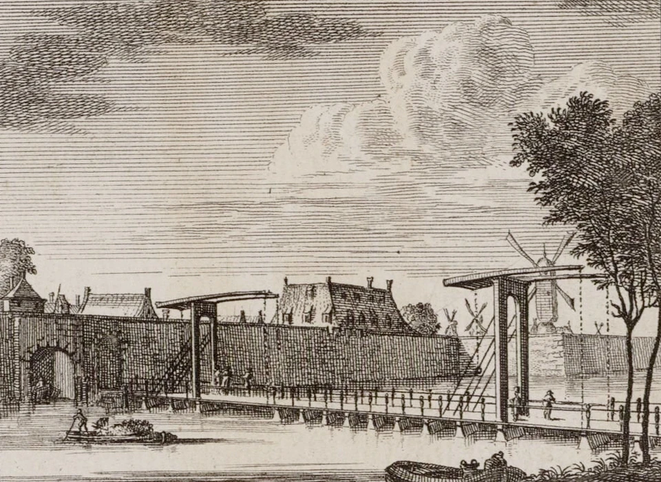 Stadswal met Weteringpoort en brug, in het midden dak van het Verbeterhuis, rechts molen de Wetering op bolwerk Wetering (1723)