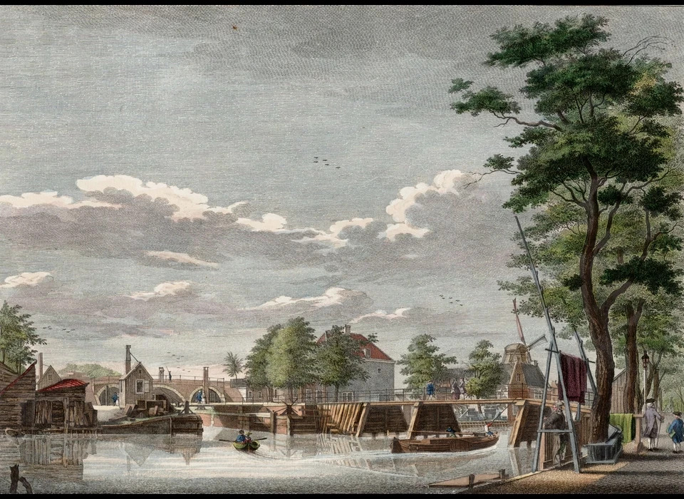 Gezicht op de Lijnbaansgracht en de Weteringpoort, rechts molen De Spring op bolwerk Amstelveen (Casper Philips Jacobsz., 1766)