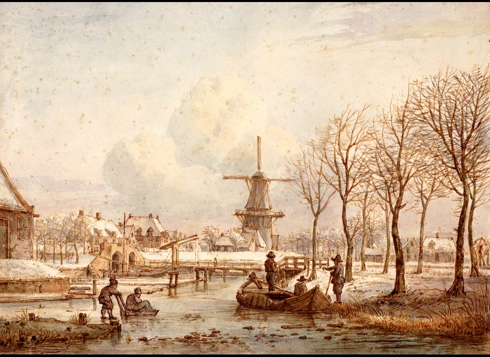 Uiterst links de punt van het bolwerk Amstelveen, in het midden de Weteringpoort met brug naar Singelweg en Boerenwetering en midden achter molen de Wetering op het gelijknamige bolwerk (George Pieter Westenberg, 1817)