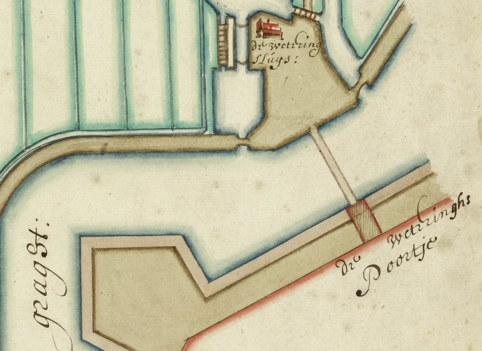 Kaartdetail Weteringpoort bij Boerenwetering getekend door de gezworen landmeter Cornelis Koel (1676)