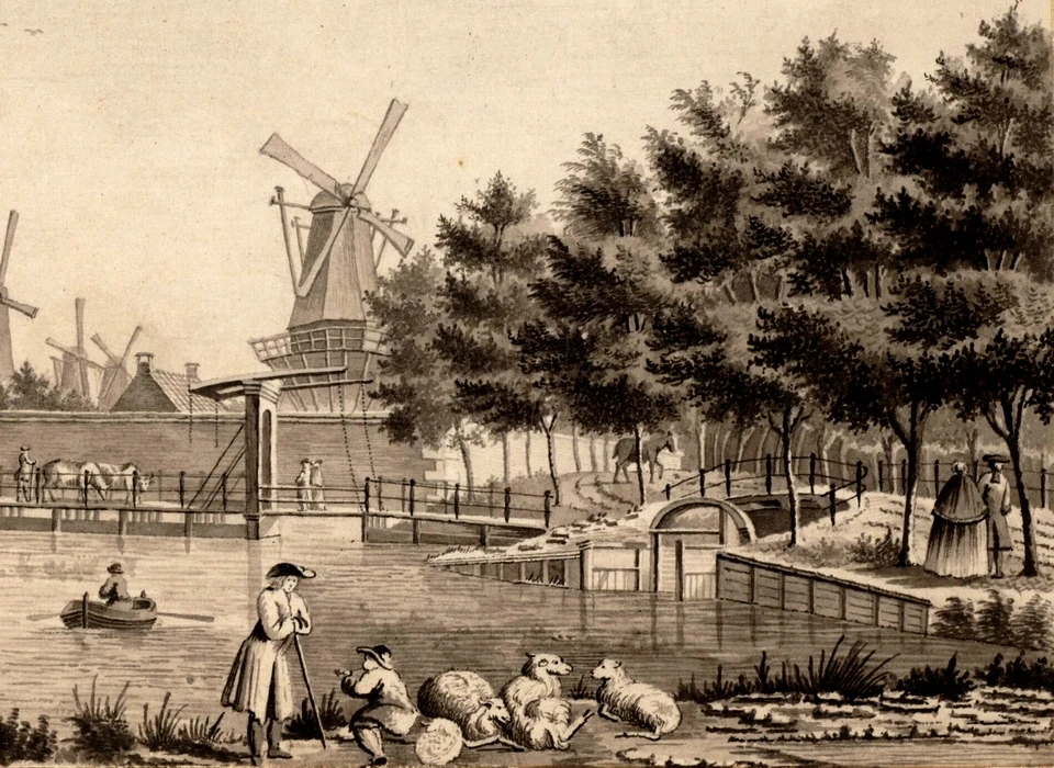 Molen De Wetering op bolwerk Wetering, geheel rechts de Boerenwetering en Mennonietensloot (Dirk Verrijk, 1777)