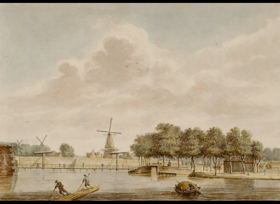 Brug voor de weteringpoort, rechts de sluis tussen de Singelgracht en Boerenwetering (Paulus van Liender, 1760)