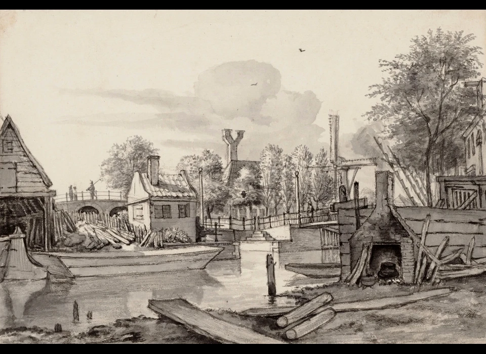 Weteringpoort gezien van de stadszijde met octrooihuisje en molen De Spring (Gerrit Lamberts, 1815)