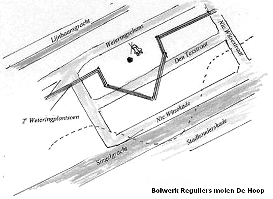 Bolwerk Reguliers op plattegrond met huidige stratenpatroon